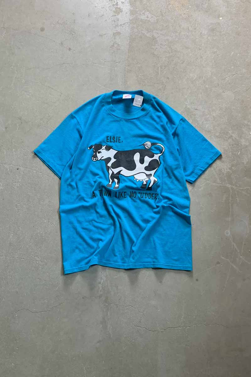 MADE IN USA 80'S S/S COW PRINT ANIMAL T-SHIRT / BLUE [SIZE: L USED]