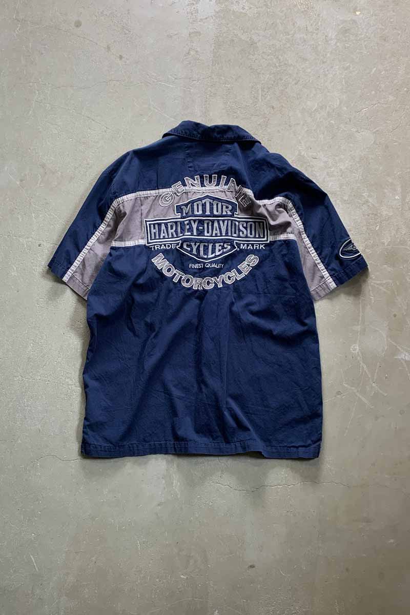 S/S OPEN COLLAR BACK LOGO EMBROIDERY SHIRT / NAVY [SIZE: XL USED]