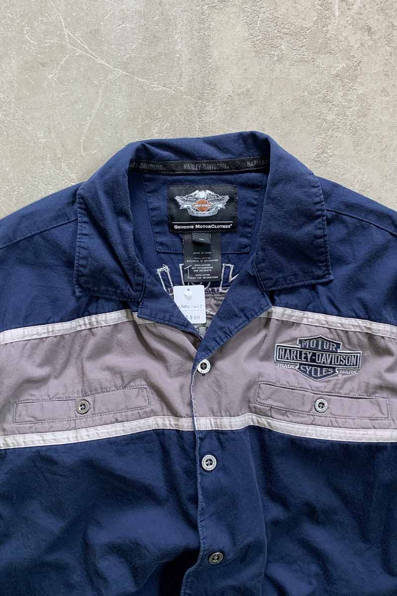 S/S OPEN COLLAR BACK LOGO EMBROIDERY SHIRT / NAVY [SIZE: XL USED]