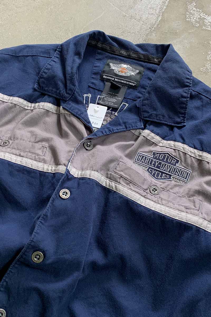 S/S OPEN COLLAR BACK LOGO EMBROIDERY SHIRT / NAVY [SIZE: XL USED]