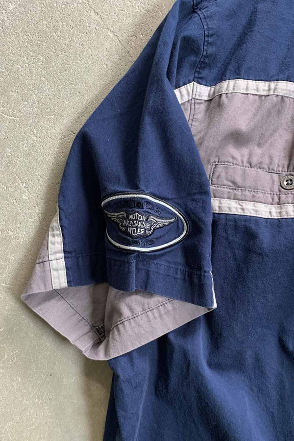 S/S OPEN COLLAR BACK LOGO EMBROIDERY SHIRT / NAVY [SIZE: XL USED]