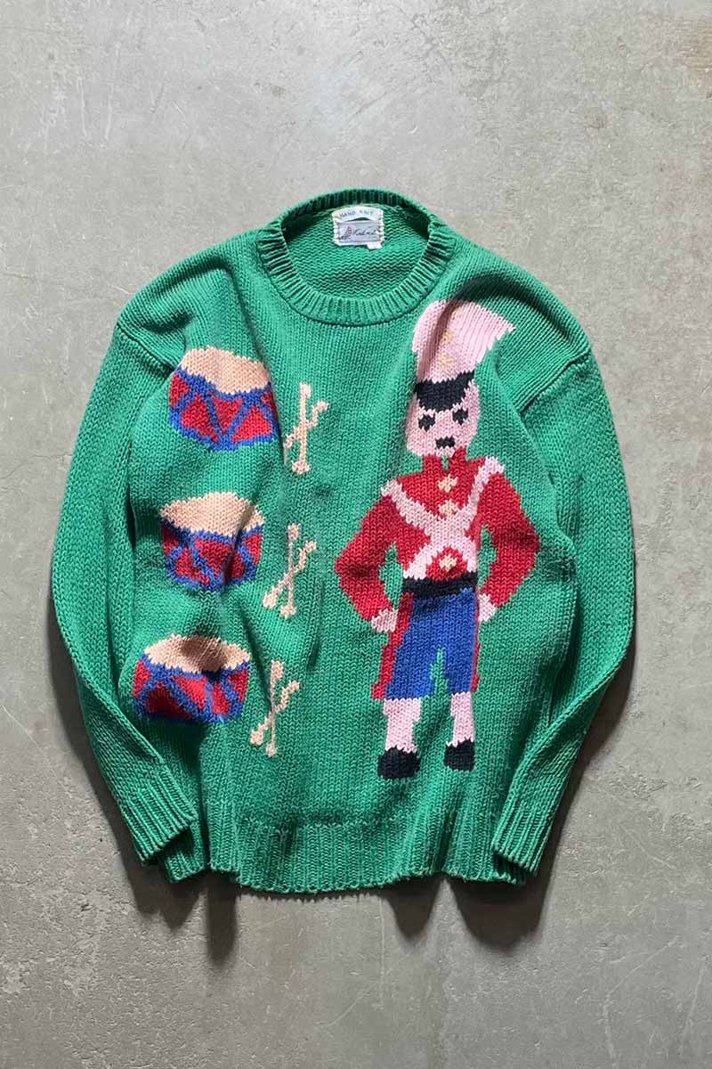 80-90'S DESIGN COTTON HAND KNIT SWEATER / GREEN [SIZE: S USED]