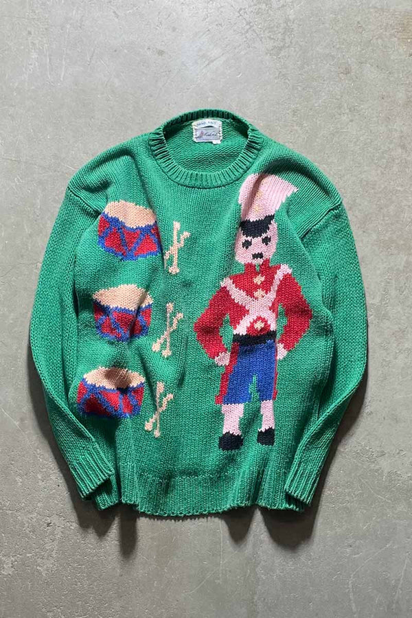 80-90'S DESIGN COTTON HAND KNIT SWEATER / GREEN [SIZE: S USED]