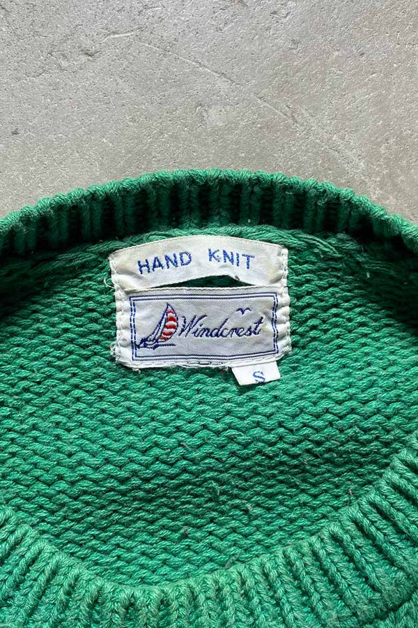 80-90'S DESIGN COTTON HAND KNIT SWEATER / GREEN [SIZE: S USED]