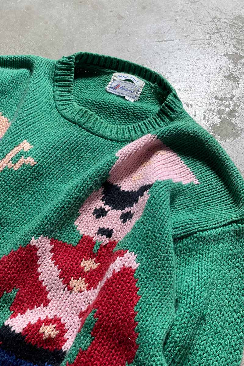 80-90'S DESIGN COTTON HAND KNIT SWEATER / GREEN [SIZE: S USED]