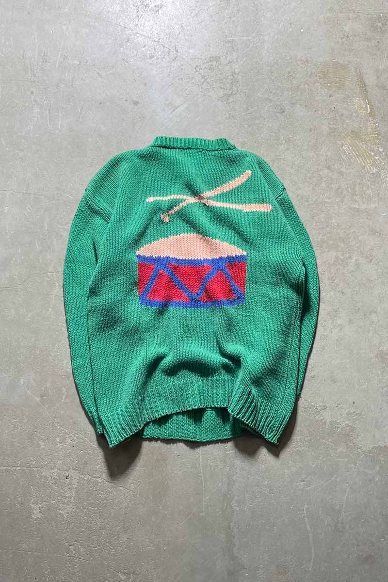 80-90'S DESIGN COTTON HAND KNIT SWEATER / GREEN [SIZE: S USED]