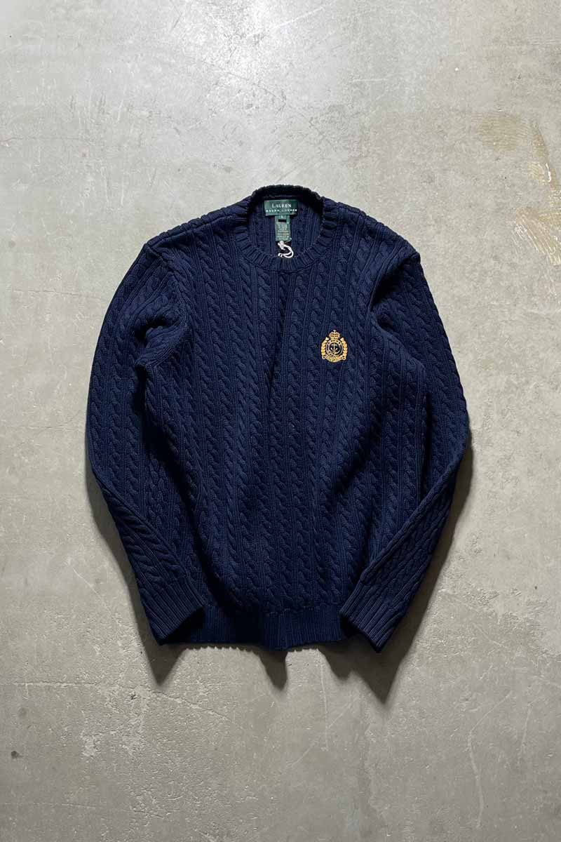 CABLE COTTON KNIT SWEATER / NAVY [SIZE:L USED]
