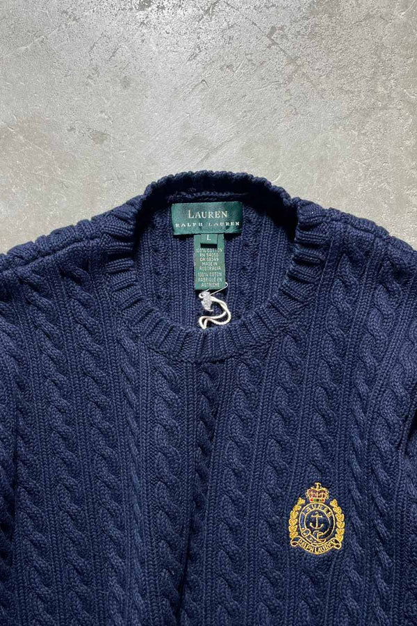 CABLE COTTON KNIT SWEATER / NAVY [SIZE:L USED]