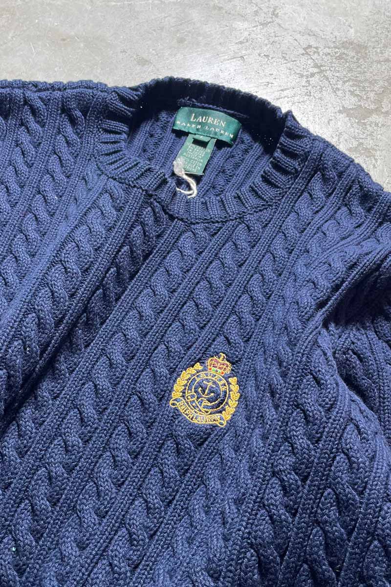 CABLE COTTON KNIT SWEATER / NAVY [SIZE:L USED]