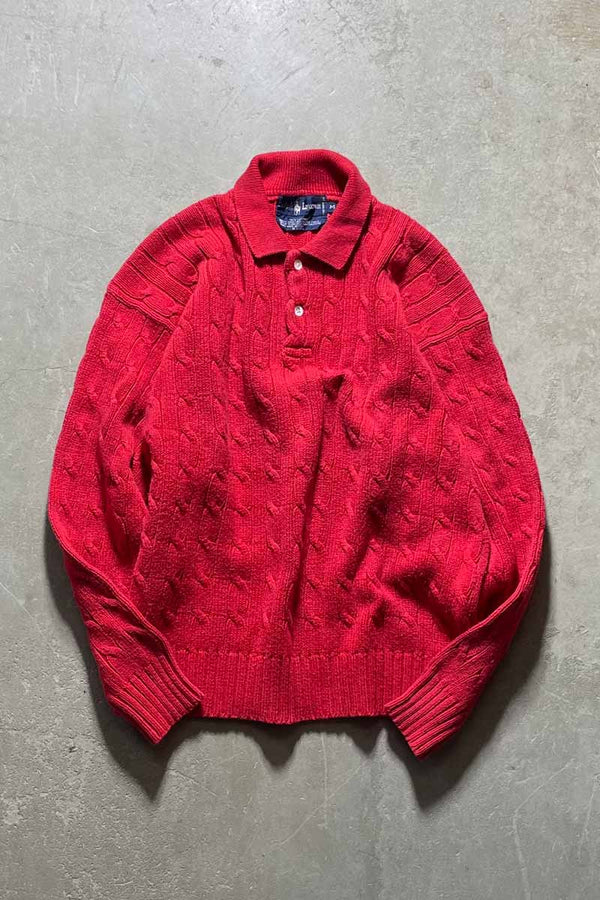 90'S CABLE COTTON KNIT POLO SHIRT / RED [SIZE:M USED]