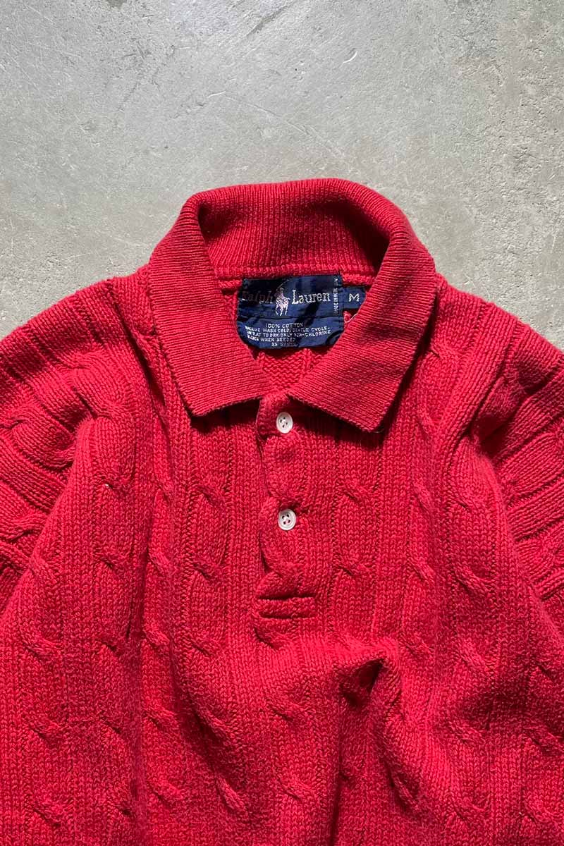 90'S CABLE COTTON KNIT POLO SHIRT / RED [SIZE:M USED]