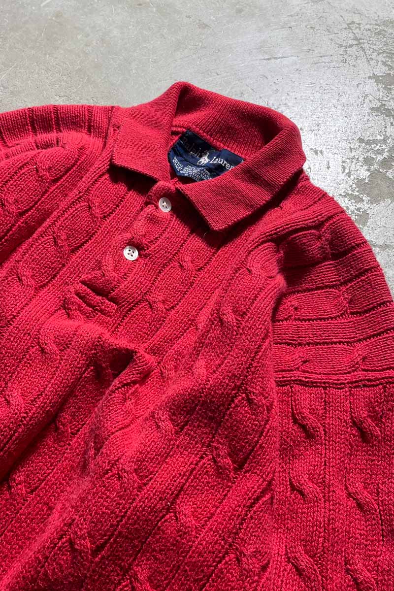 90'S CABLE COTTON KNIT POLO SHIRT / RED [SIZE:M USED]
