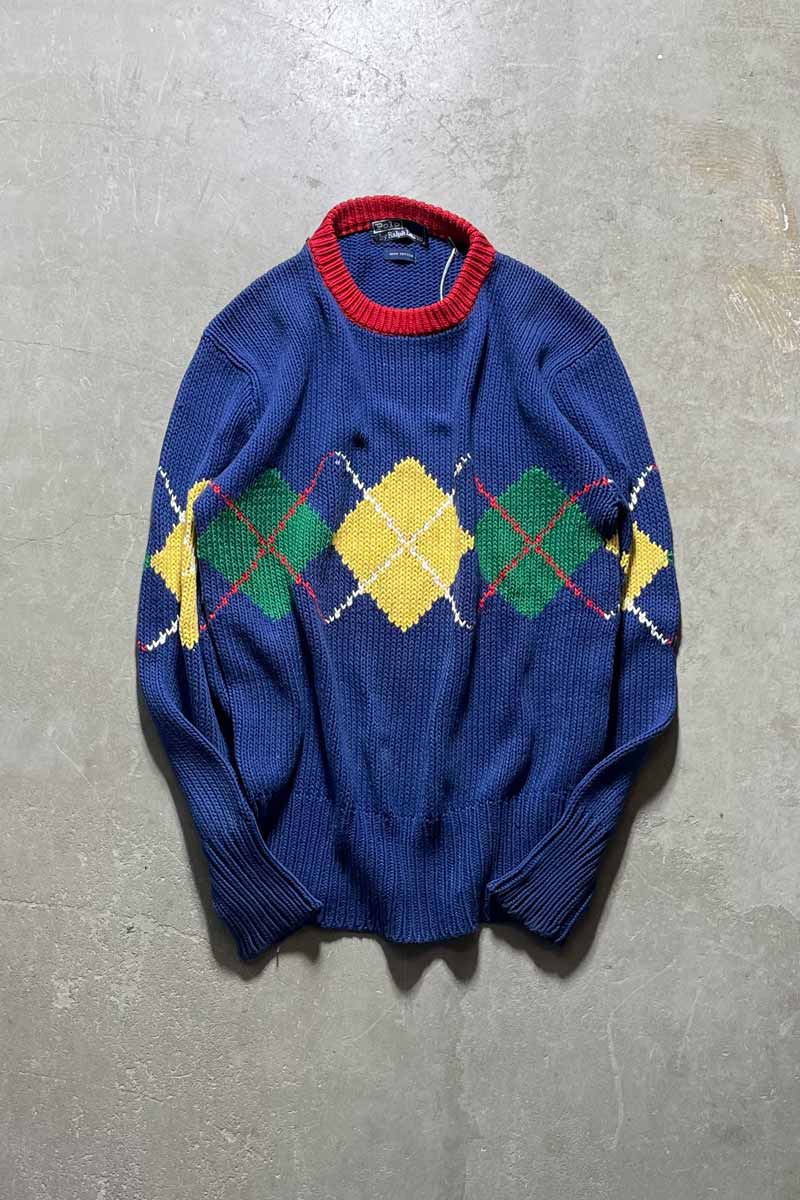 90'S ARGYLE COTTON KNIT SWEATER / BLUE [SIZE:M USED]