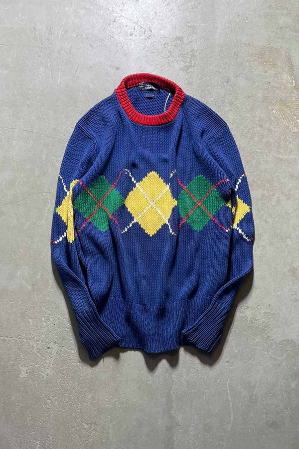 90'S ARGYLE COTTON KNIT SWEATER / BLUE [SIZE:M USED]