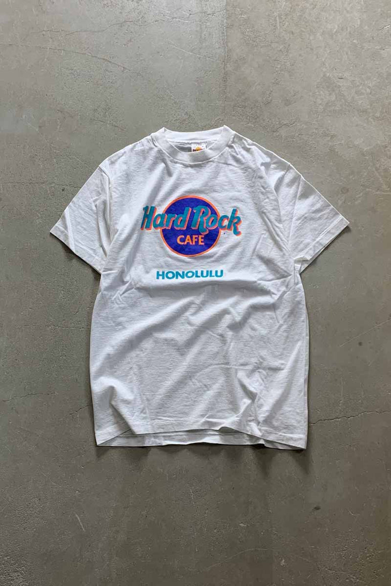 MADE IN USA 90'S S/S HONOLULU PRINT ADVERTISING T-SHIRT / WHITE [SIZE: L DEADSTOCK/NOS]