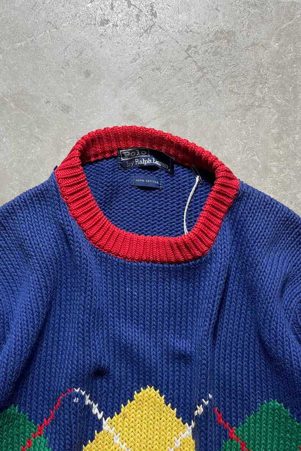 90'S ARGYLE COTTON KNIT SWEATER / BLUE [SIZE:M USED]