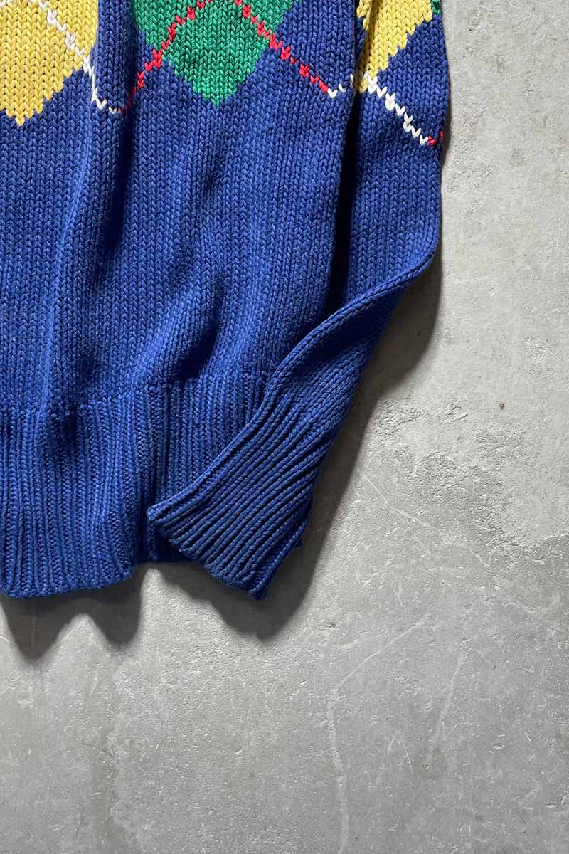 90'S ARGYLE COTTON KNIT SWEATER / BLUE [SIZE:M USED]