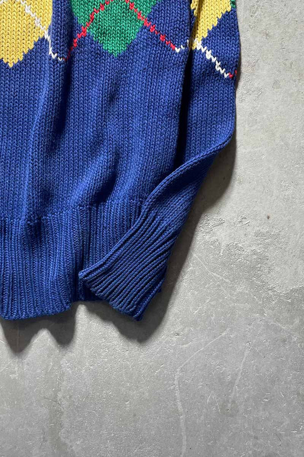 90'S ARGYLE COTTON KNIT SWEATER / BLUE [SIZE:M USED]