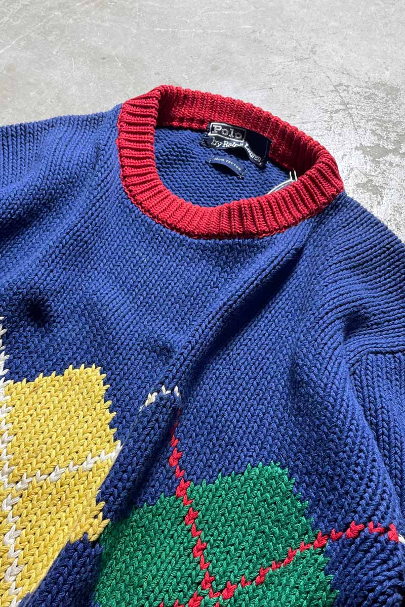 90'S ARGYLE COTTON KNIT SWEATER / BLUE [SIZE:M USED]