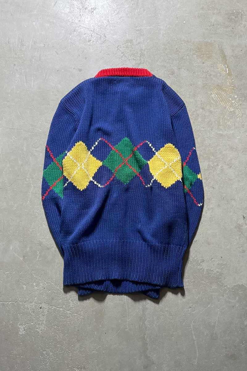 90'S ARGYLE COTTON KNIT SWEATER / BLUE [SIZE:M USED]
