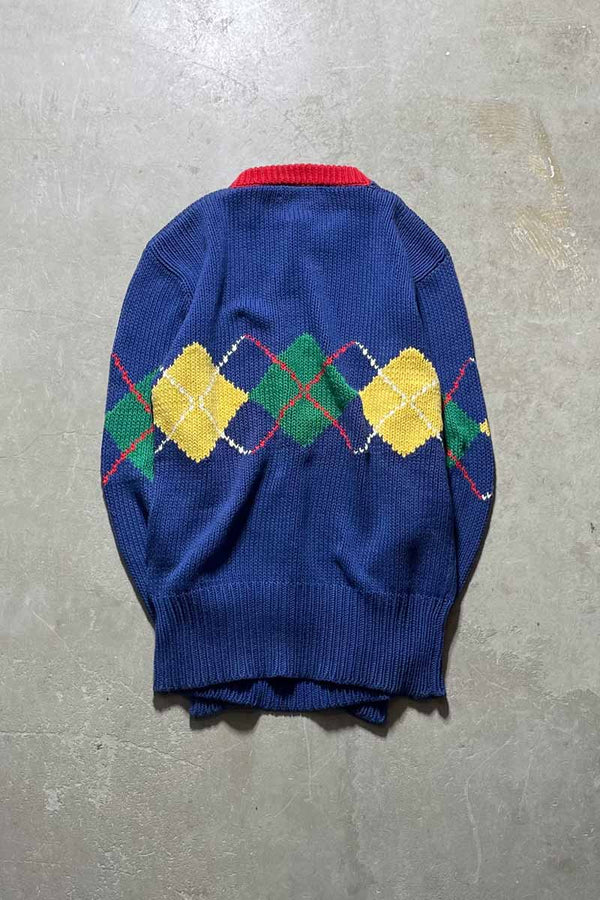 90'S ARGYLE COTTON KNIT SWEATER / BLUE [SIZE:M USED]