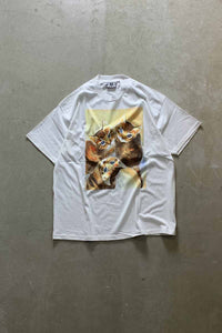 MADE IN USA 90'S S/S THREE CAT SQUARE PRINT ANIMAL T-SHIRT / WHITE [SIZE: XL USED]