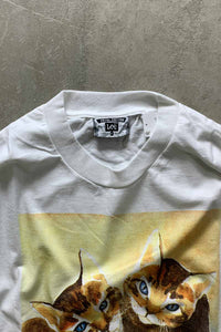 MADE IN USA 90'S S/S THREE CAT SQUARE PRINT ANIMAL T-SHIRT / WHITE [SIZE: XL USED]