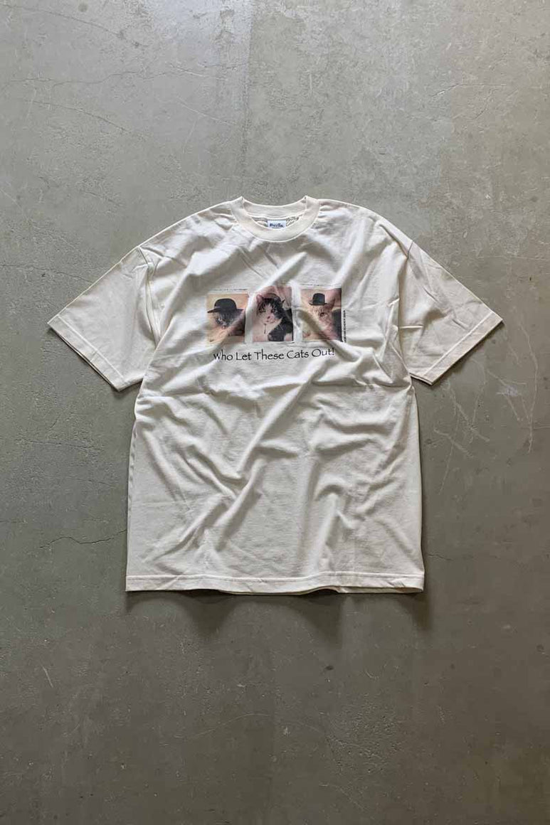 MADE IN USA 02'S S/S WHO LET THESE CATS OUT PRINT ANIMAL T-SHIRT / IVORY [SIZE: XL DEADSTOCK/NOS]
