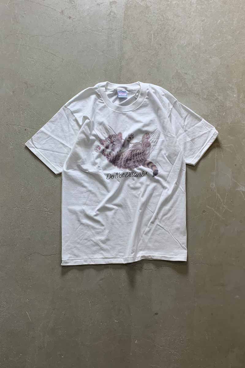 MADE IN USA 90s S/S DO NOT DISTURB CAT PRINT ANIMAL T-SHIRT / WHITE [SIZE: L DEADSTOCK/NOS]