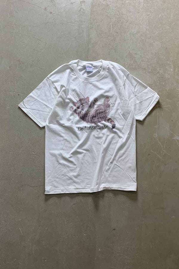 MADE IN USA 90s S/S DO NOT DISTURB CAT PRINT ANIMAL T-SHIRT / WHITE [SIZE: L DEADSTOCK/NOS]