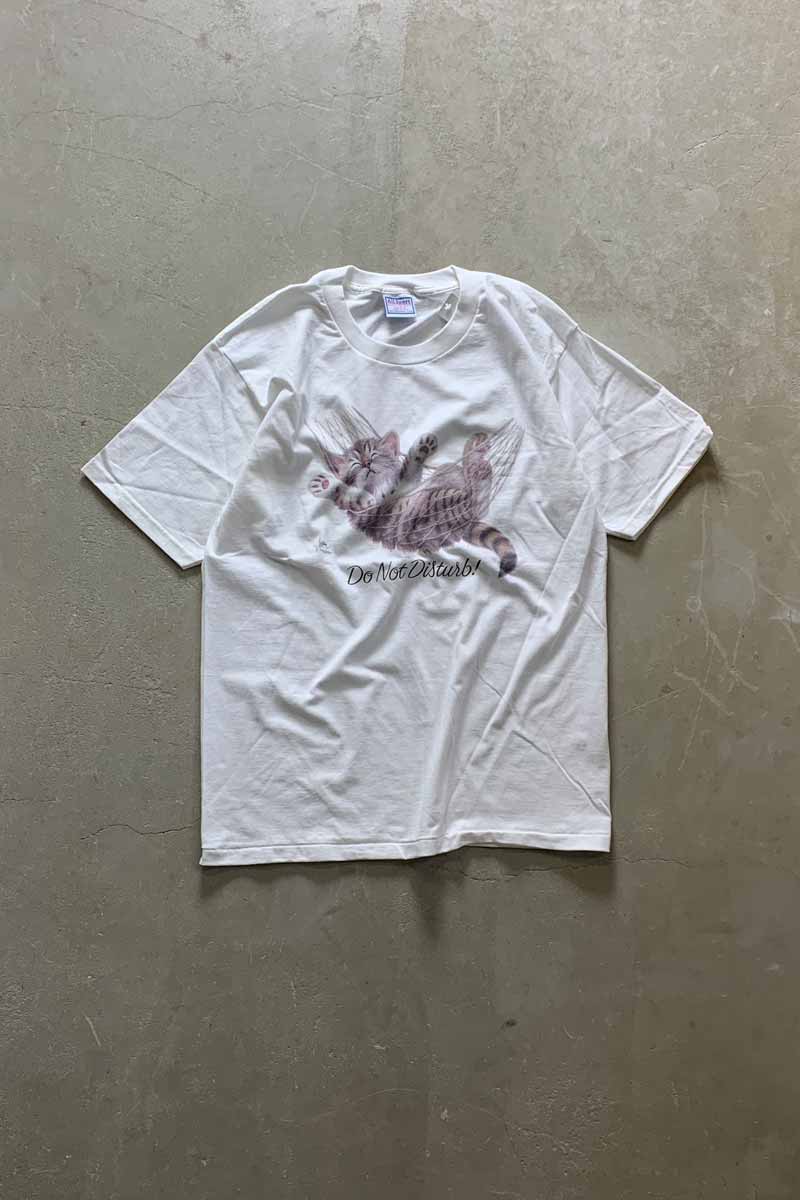 MADE IN USA 90'S S/S DO NOT DISTURB CAT PRINT ANIMAL T-SHIRT / WHITE [SIZE: L DEADSTOCK/NOS]