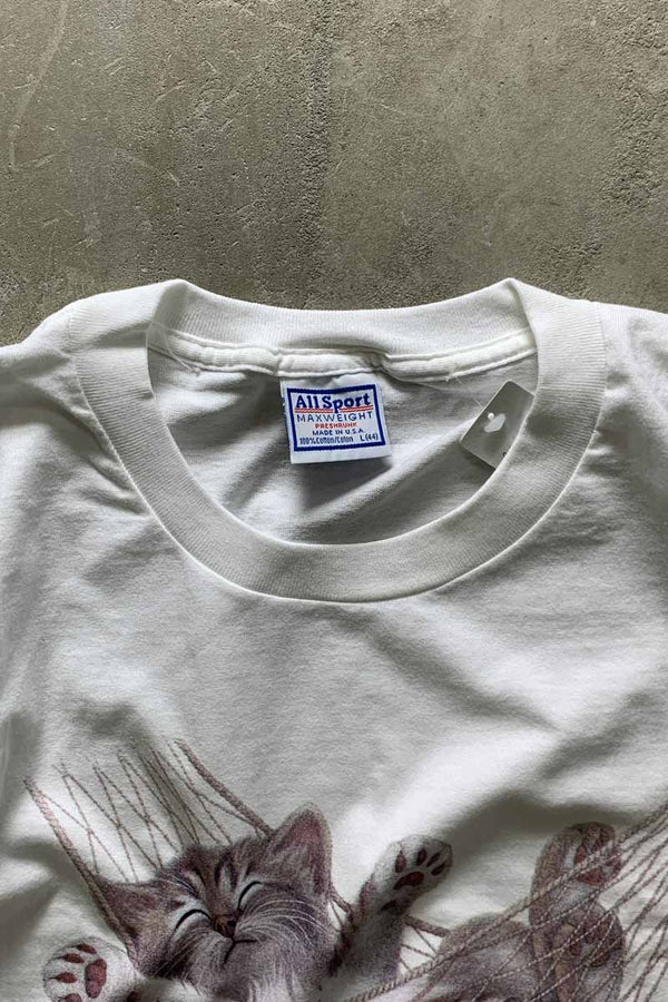 MADE IN USA 90s S/S DO NOT DISTURB CAT PRINT ANIMAL T-SHIRT / WHITE [SIZE: L DEADSTOCK/NOS]