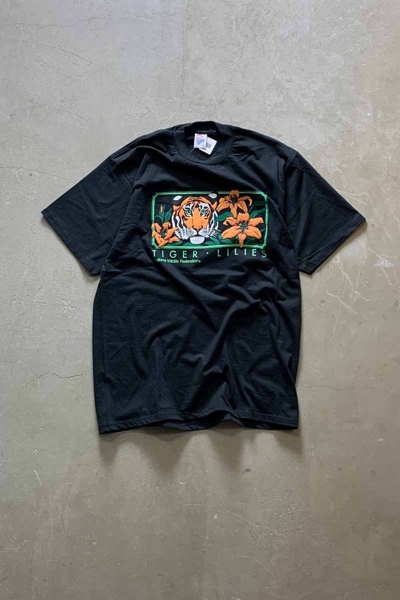 MADE IN USA 89'S S/S TIGER LILIES FRAM PRINT ANIMAL T-SHIRT / BLACK [SIZE: XL DEADSTOCK/NOS]