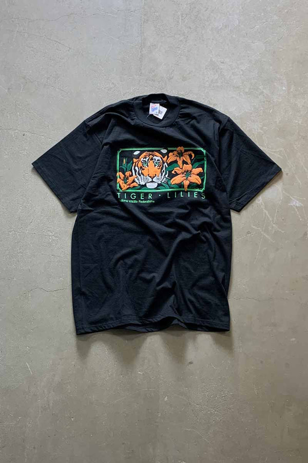 MADE IN USA 89'S S/S TIGER LILIES FRAM PRINT ANIMAL T-SHIRT / BLACK [SIZE: XL DEADSTOCK/NOS]