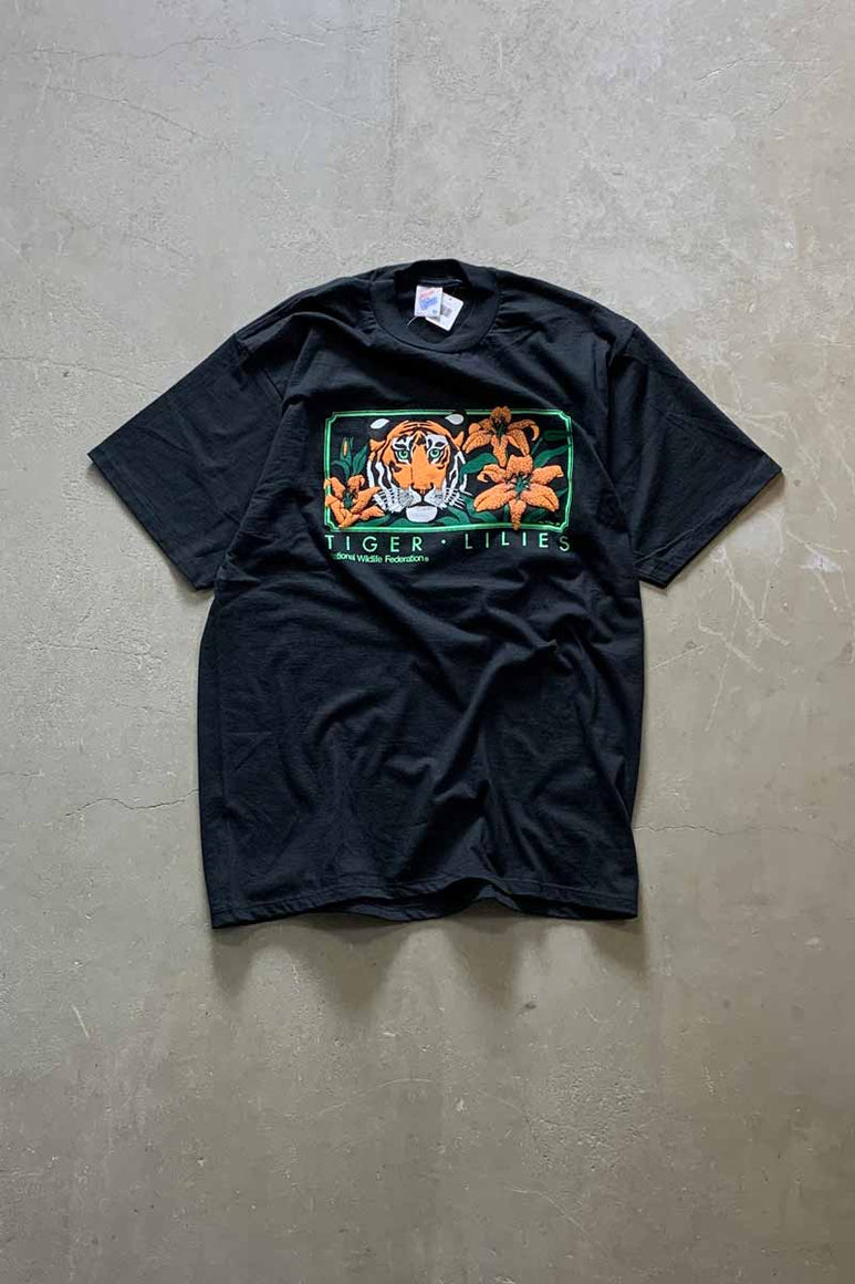 MADE IN USA 89'S S/S TIGER LILIES FRAM PRINT ANIMAL T-SHIRT / BLACK [SIZE: XL DEADSTOCK/NOS]