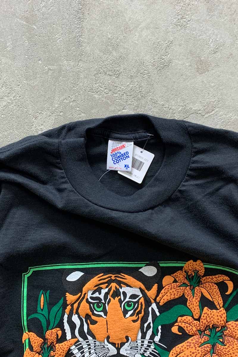 MADE IN USA 89'S S/S TIGER LILIES FRAM PRINT ANIMAL T-SHIRT / BLACK [SIZE: XL DEADSTOCK/NOS]