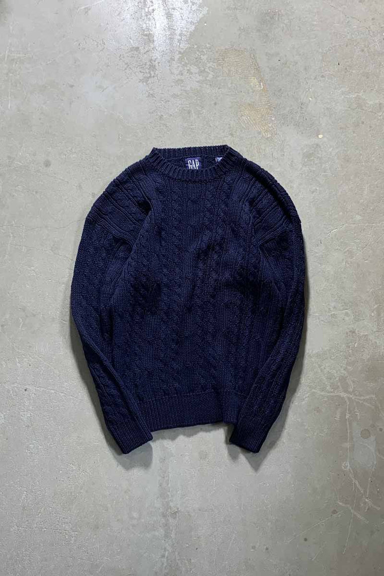90'S RAMIE COTTON CABLE FISHERMAN KNIT SWEATER / NAVY [SIZE: XL USED]