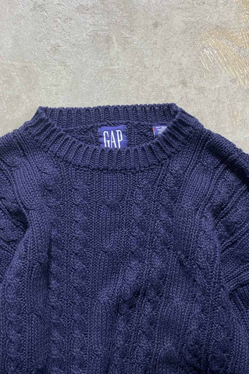 90'S RAMIE COTTON CABLE FISHERMAN KNIT SWEATER / NAVY [SIZE: XL USED]