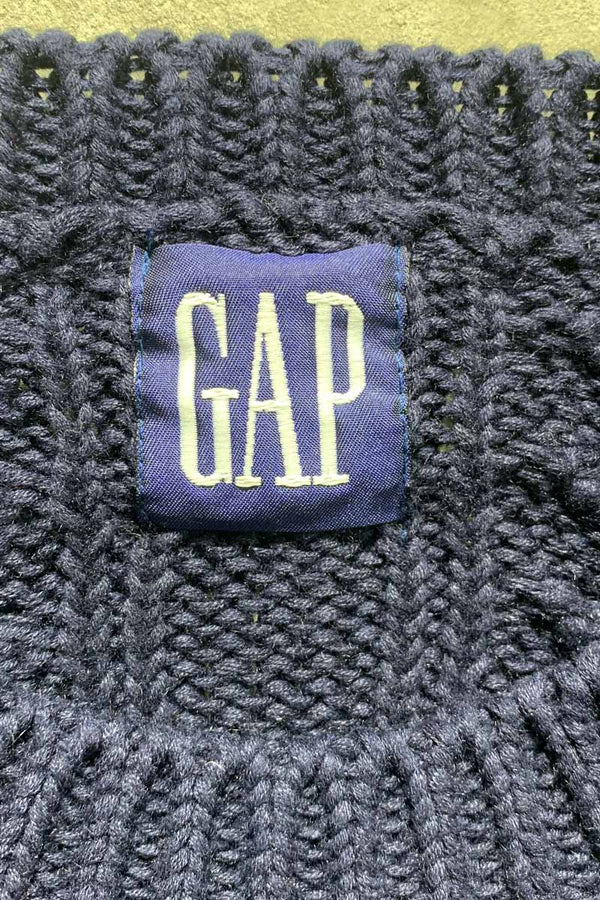 90'S RAMIE COTTON CABLE FISHERMAN KNIT SWEATER / NAVY [SIZE: XL USED]