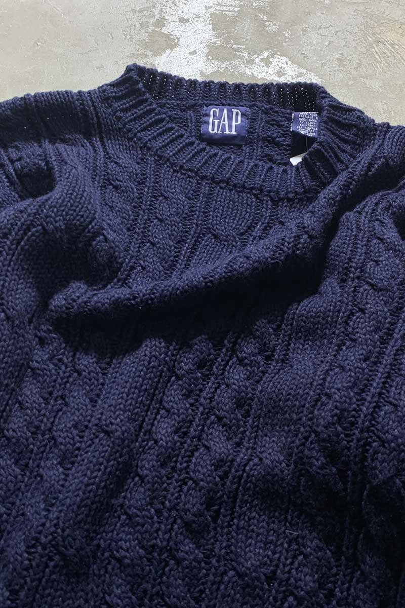 90'S RAMIE COTTON CABLE FISHERMAN KNIT SWEATER / NAVY [SIZE: XL USED]