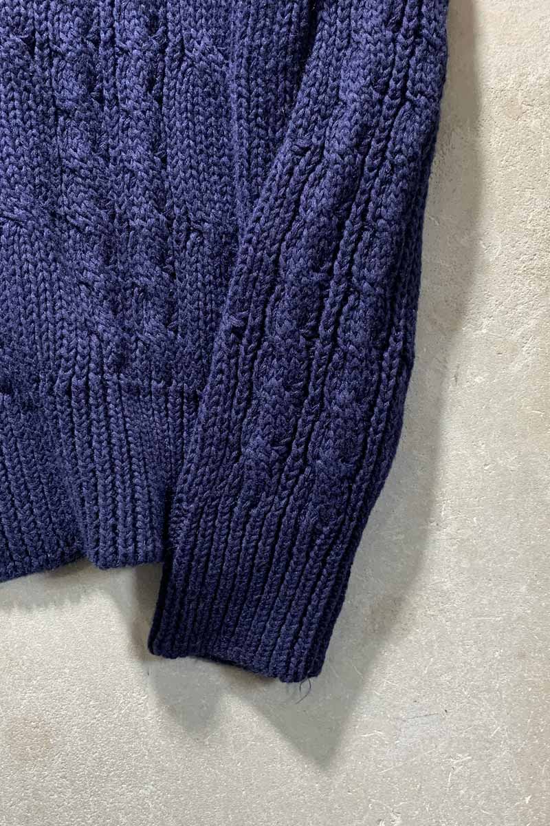 90'S RAMIE COTTON CABLE FISHERMAN KNIT SWEATER / NAVY [SIZE: XL USED]