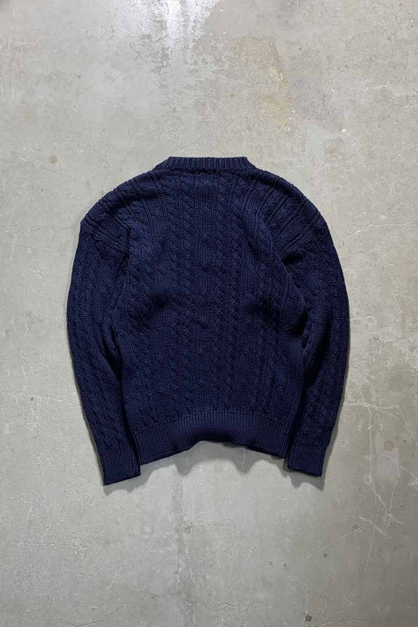 90'S RAMIE COTTON CABLE FISHERMAN KNIT SWEATER / NAVY [SIZE: XL USED]