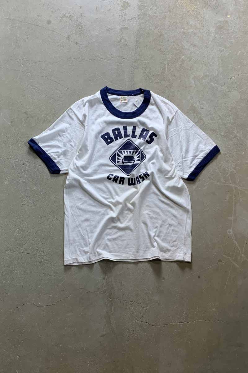 MADE IN USA 80'S S/S BALLAS CAR WASH PRINT MESSAGE PRINT RINGER T-SHIRT / WHITE / NAVY [SIZE: L used]