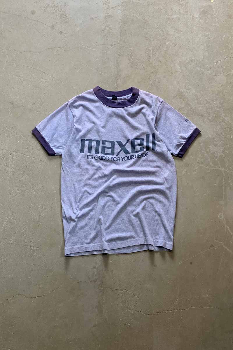 80'S S/S MAXELL PRINT ADVERTISING RINGER T-SHIRT / BLUE [SIZE: S USED]