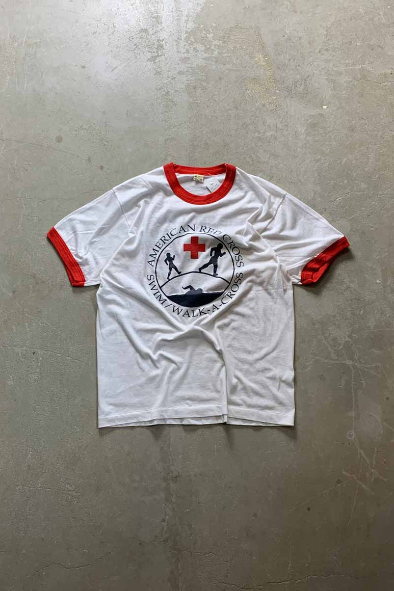 MADE IN USA 80'S S/S AMERICAN RED CROSS PRINT ADVERTISING RINGER T-SHIRT / RED / BLACK [SIZE: XL USED]