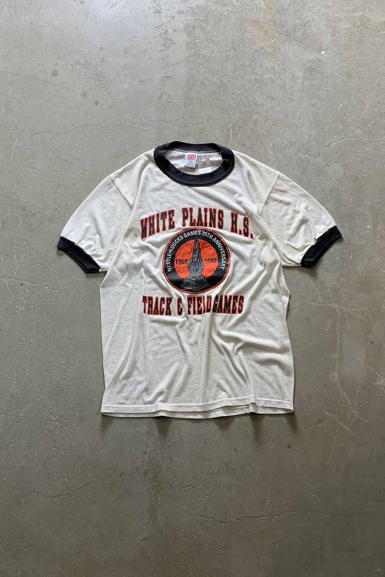 MADE IN USA 90'S S/S TRACK & FIELD GAMES PRINT RINGER T-SHIRT / WHITE / BLACK [SIZE: L USED]