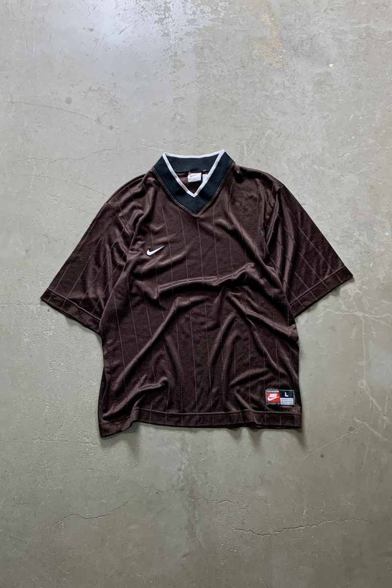 MADE IN USA 90'S S/S V-NECK ONE POINT LOGO EMBROIDERY GAME T-SHIRT / BROWN [SIZE: L USED]