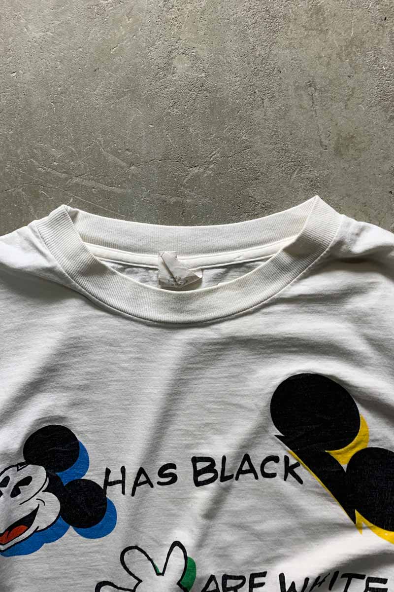 MADE IN USA 90'S S/S MICKEY PRINT MESSAGE T-SHIRT / WHITE [SIZE: XL USED]