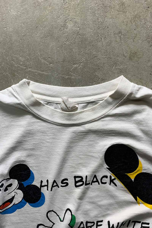 MADE IN USA 90'S S/S MICKEY PRINT MESSAGE T-SHIRT / WHITE [SIZE: XL USED]