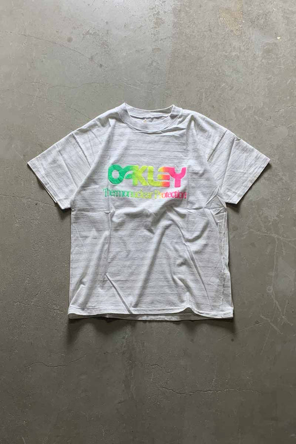 MADE IN USA 90'S S/S OAKLEY PRINT BORDER T-SHIRT / GRAY [SIZE: L USED]